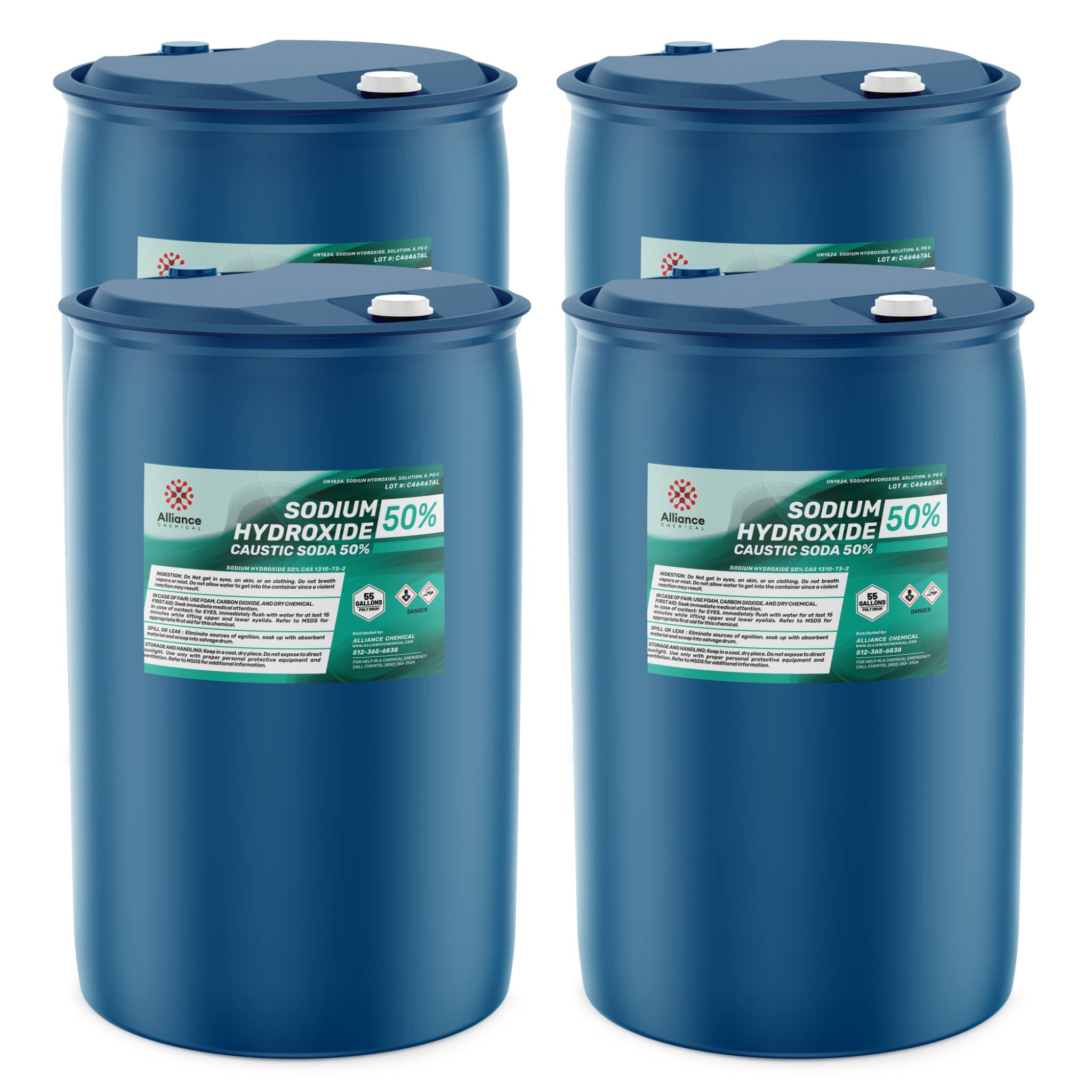 Four 55-gallon blue HDPE drums of 50% Sodium Hydroxide (Caustic Soda) membrane-grade with industrial hazard symbols and Alliance Chemical labeling.